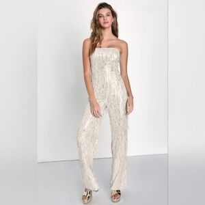 Lulus Endless Glow Silver Sequin Strapless Mesh Jumpsuit - New With Tag (Size S)